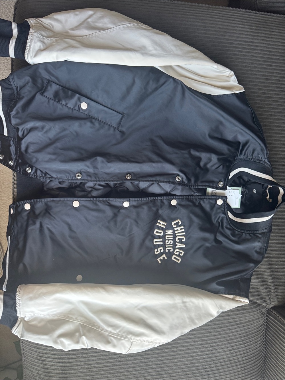 H&M Black and White Chicago Music House Varsity Bomber Jacket